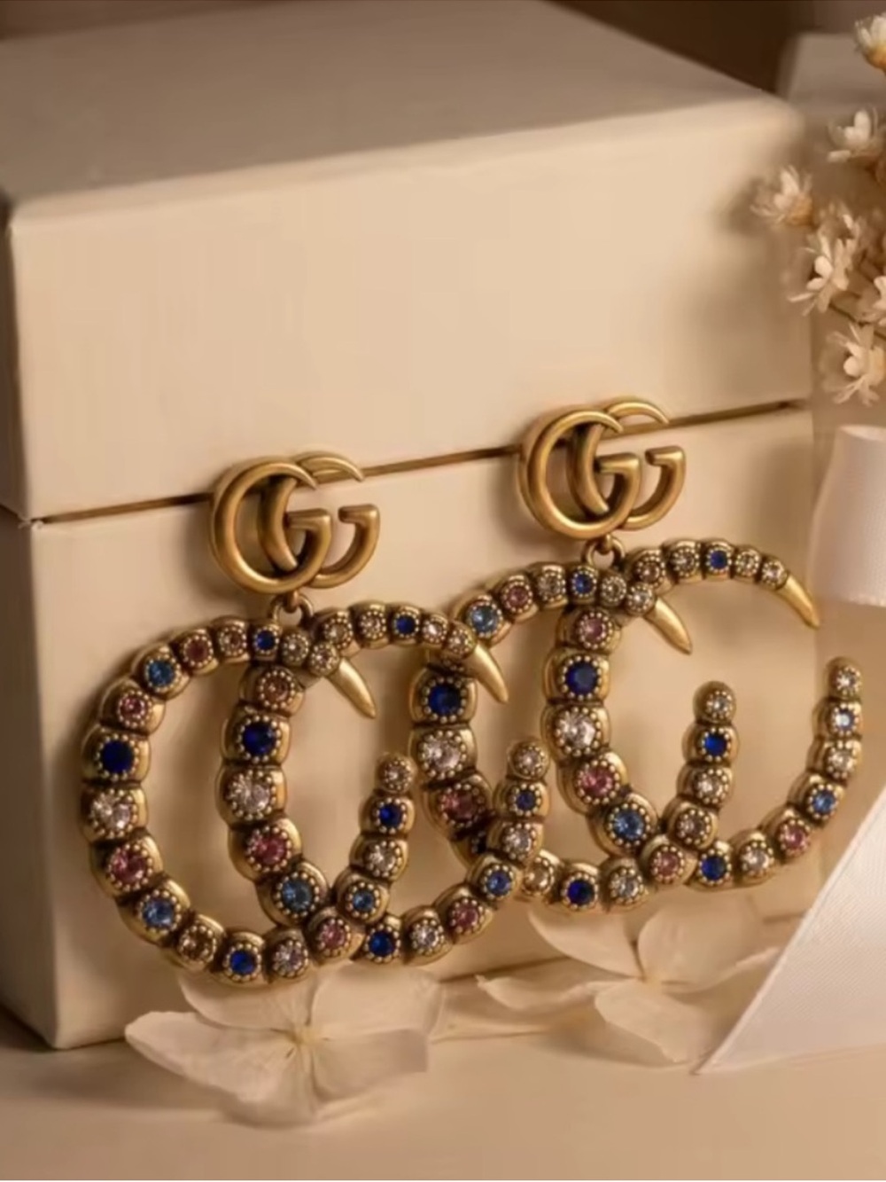 Gold-Tone Multicolor Crystal Double-G Drop Earrings